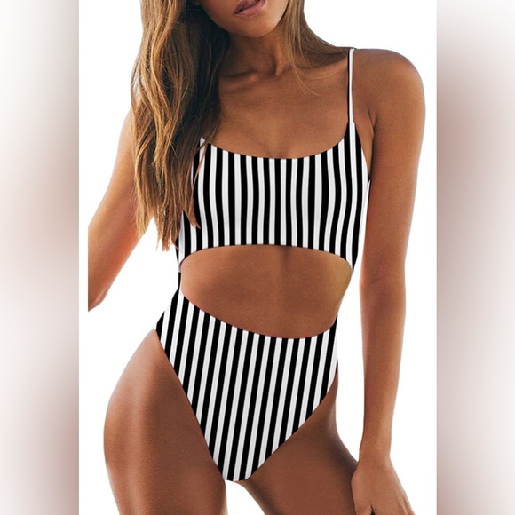 Black White Striped Lace Up Cutout High Waisted Thong Tankini Swimsuit SIZE L - Picture 2 of 4